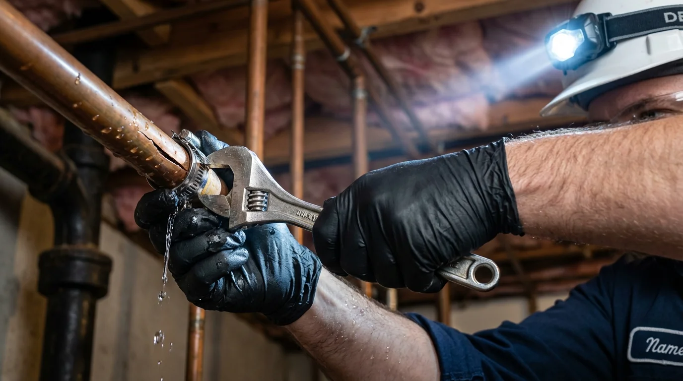 Emergency pipe clamp repair being performed by a Johns Plumbing LLC plumber in Lenox